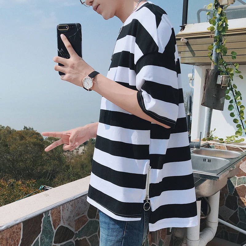 Áo thun sọc ngang form rộng unisex sọc sole zip
