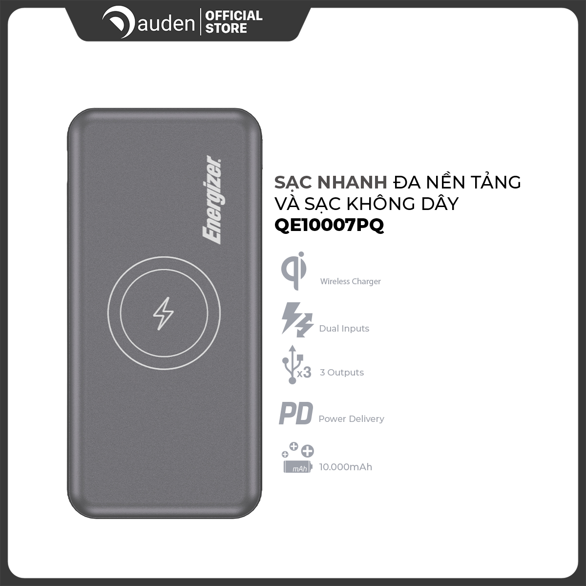 Sạc dự phòng Energizer QE10007PQ 10,000mAh Tích Hợp Sạc Nhanh Không Dây, Chưa qua sử dụng, trày vỏ ngoài, BH 1 năm - Dâu Đen Store