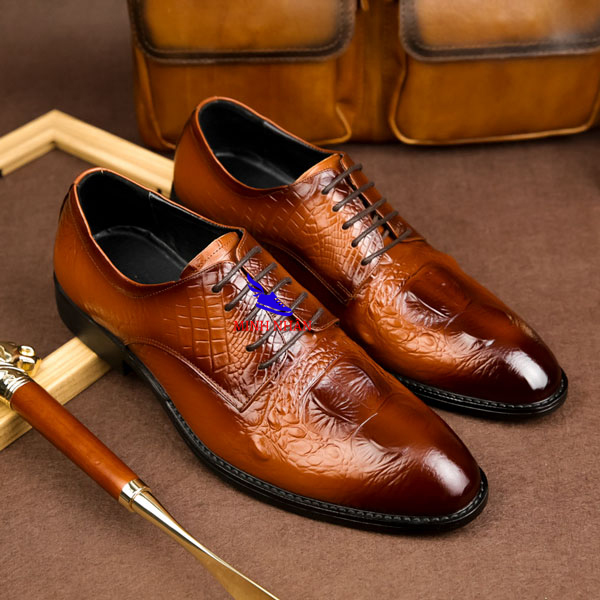 Giày tây nam da bò mũi ngắn Giày Công Sở nam buộc dây Patina da bò dập vân cá sấu Giày cho người kinh doanh doanh nhân giày cưới Đẹp Giày đi chơi  dự tiệc Thời trang Cao cấp thương hiệu Giá rẻ  độc đáo B-18 màu nâu