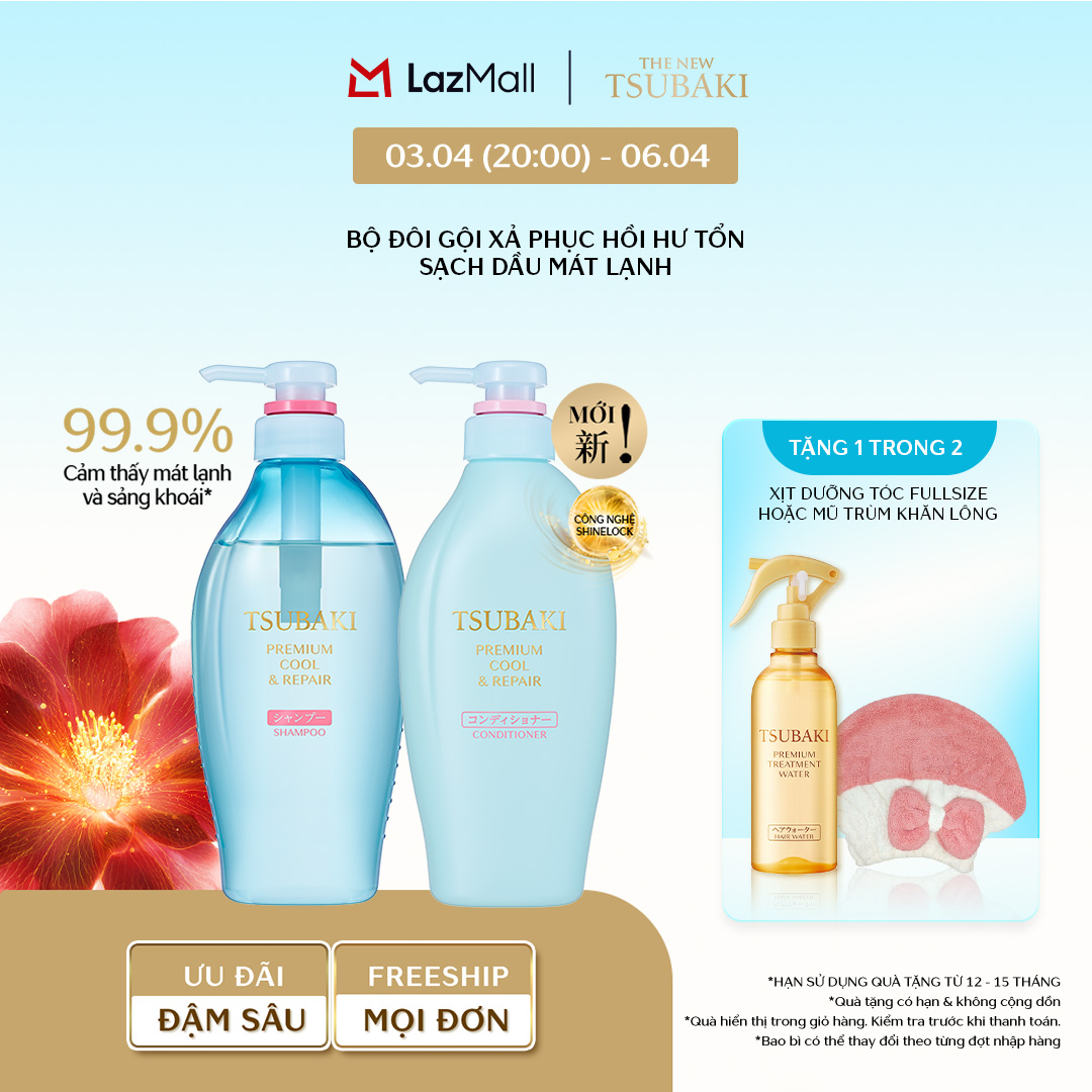 Bộ đôi Gội xả Sạch dầu mát lạnh  Phục hồi hư tổn Tsubaki Premium Cool  Repair Shampoo 450ml x2