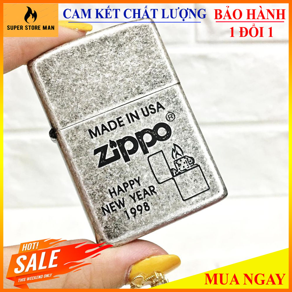 [HÀNG HIẾM] – Bật Lửa, Hộp Quẹt Zipp0-Mỹ – Made-In-USA Cao Cấp – Bạc Cổ HAPPY *NEW YEAR 1998*   – Hàng Xịn Full Box Cực Chất