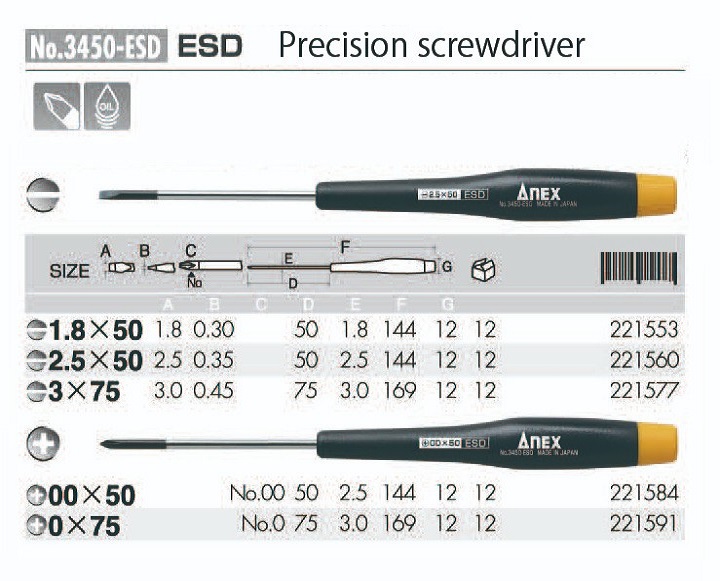 Tô vít điện tử chống tĩnh điện +00x50 no.3450-esd+00x50 anex nhật bản