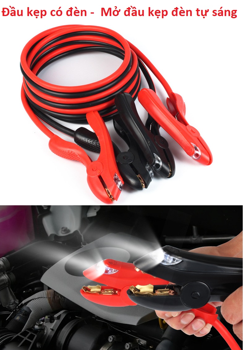 Bộ 2 dây câu bình ắc qui ĐẦU KẸP CÓ ĐÈN TỰ SÁNG 600amp dài 3m lõi lớn