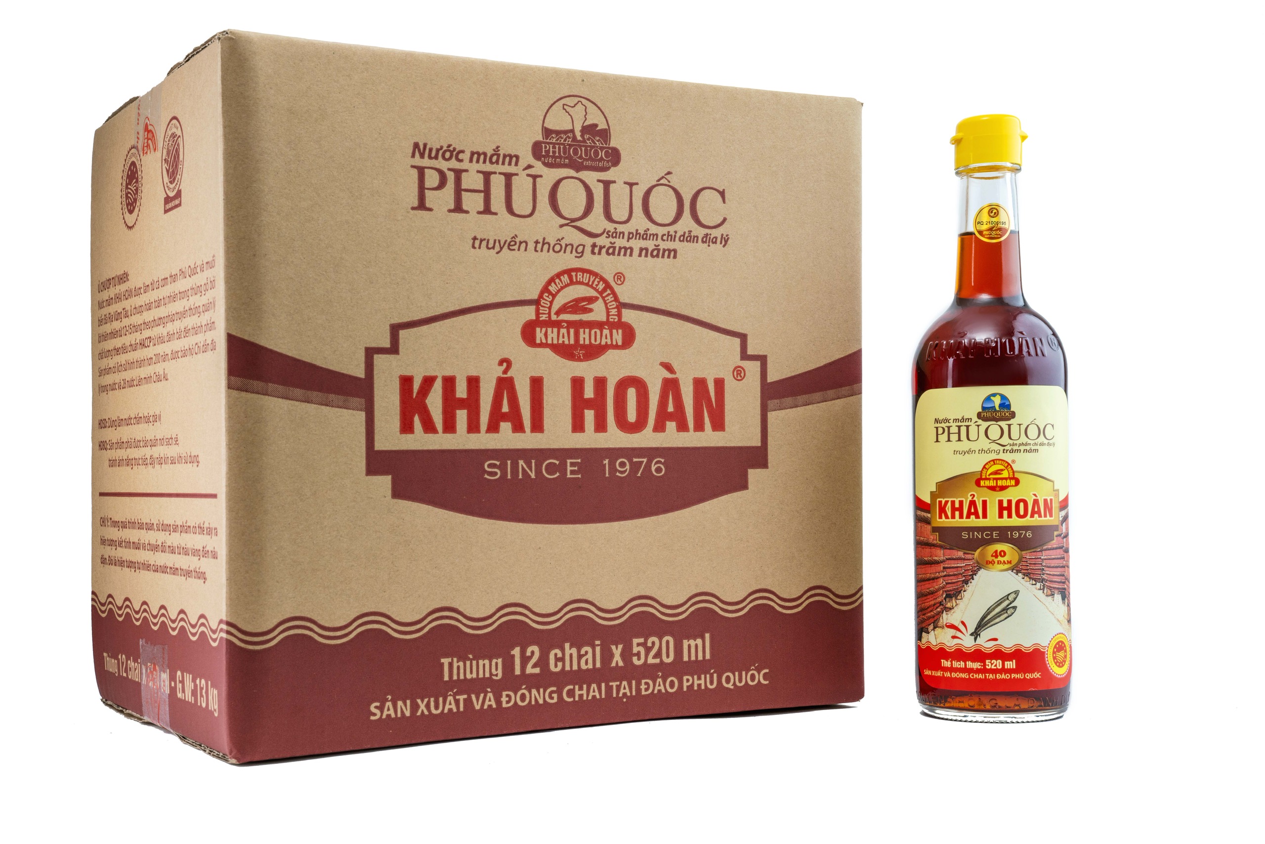 Nước mắm Khải Hoàn Phú Quốc 40/43 độ đạm 520ml (thùng 12 chai)