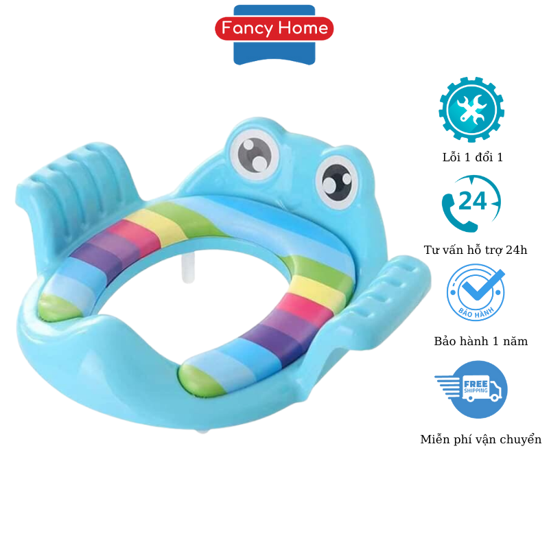 Bệ lót thu nhỏ bồn cầu có tay vịn, kèm tấm mút êm ái - Lót bồn cầu hình ếch cầu vồng cho bé - Fancy