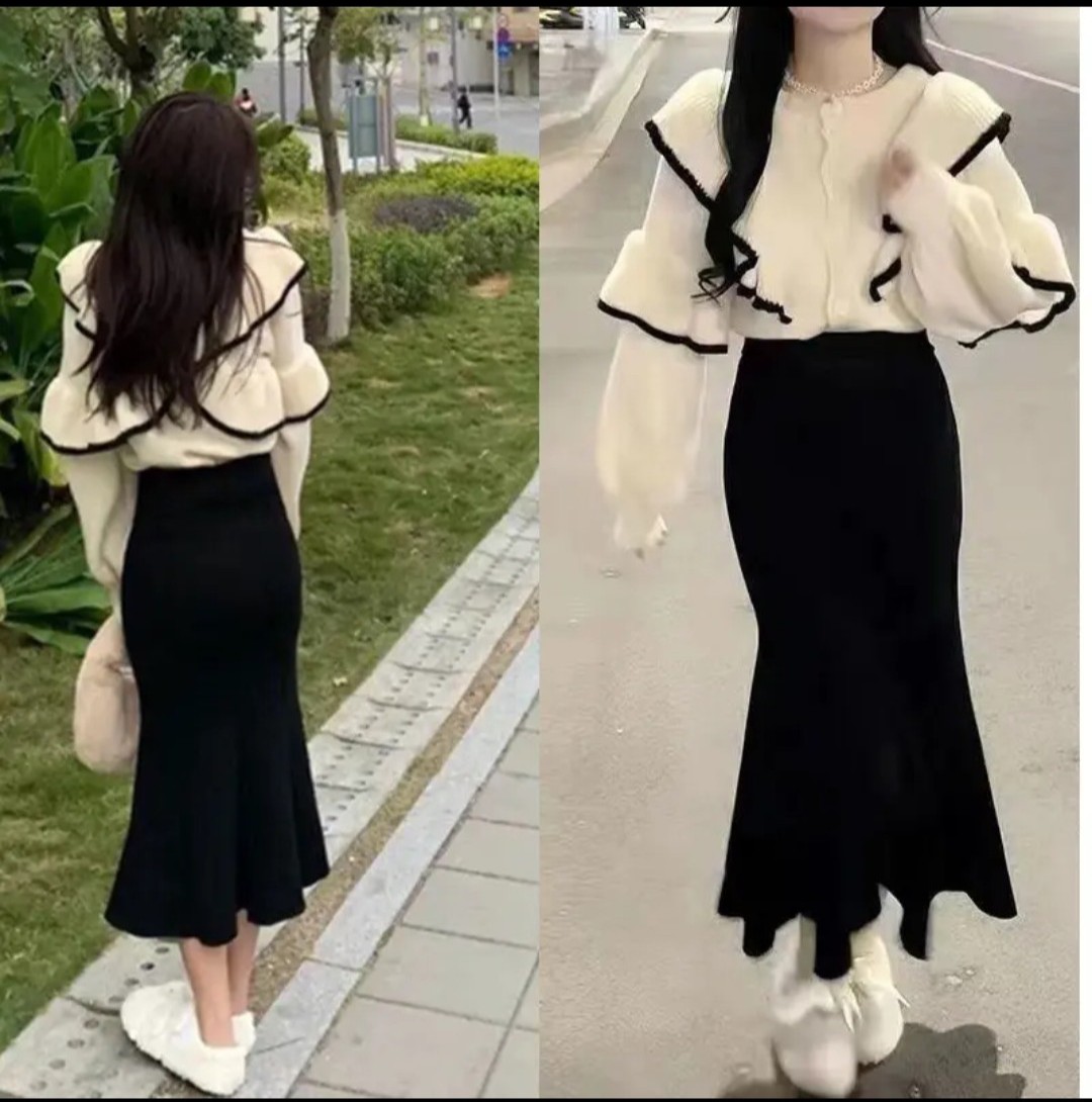 Set áo tay bèo dài tay kèm phối chân váy đuôi cá dễ thương, set áo chân váy