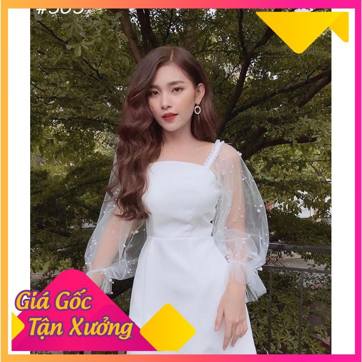 Đầm dự tiệc trắng tay phồng kết hạt siêu xinh