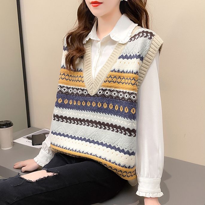 Áo gile nữ ulzzang ghi lê len thổ cẩm cổ tim dáng rộng vintage thu đông