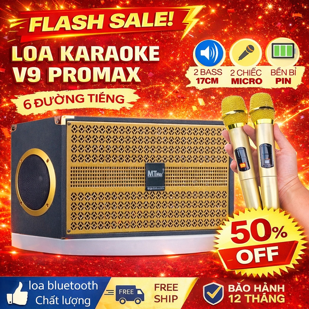 Loa xách tay karaoke V9 Promax 6 đường tiếng, công suất 350W, Kèm 2 Micro Karaoke Hay Chống Hú