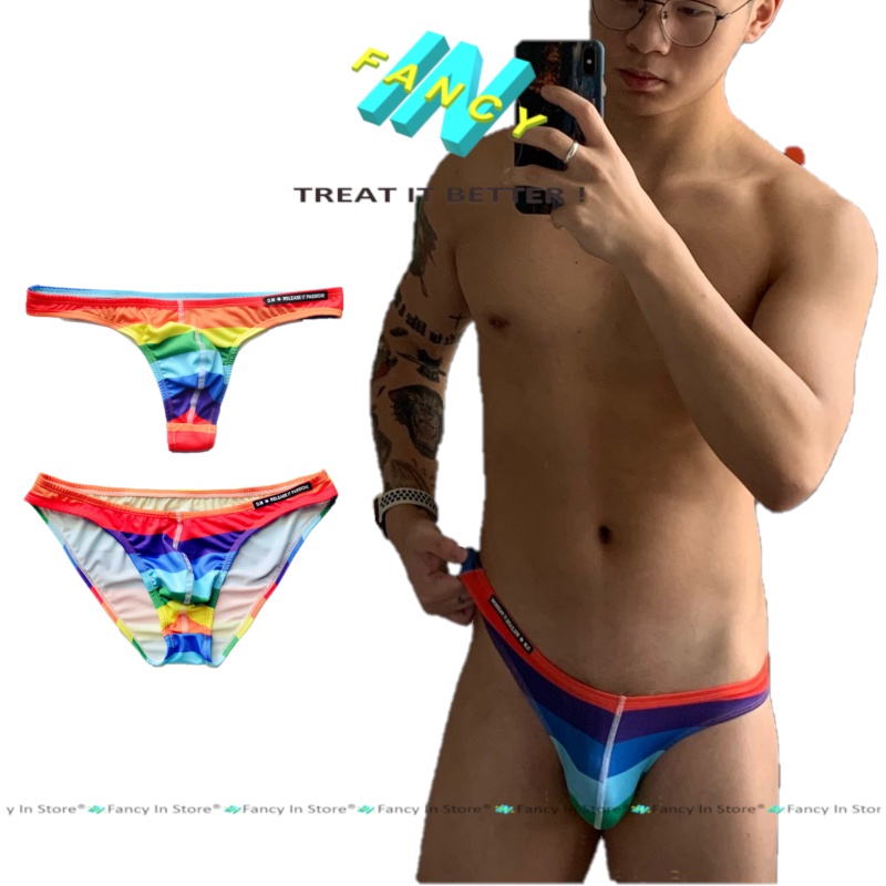 Quần lọt khe nam sexy, quần lót nam lọt khe gợi cảm, hoạ tiết cờ lục sắc sịp lọt khe fancy in - th001