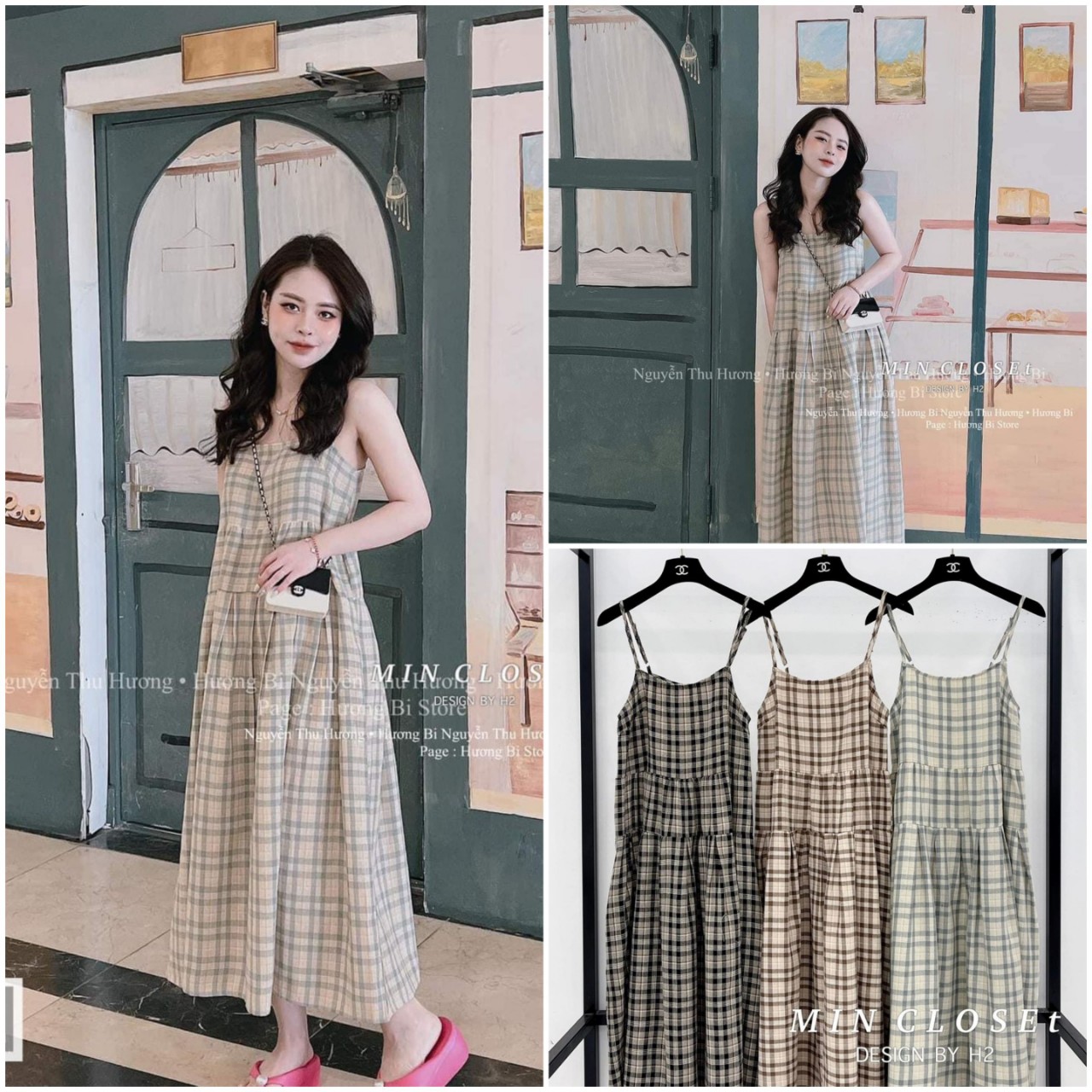Váy 2 dây 3 tầng kẻ caro 3 màu chất thô đũi, đầm babydol 2 dây nhiều màu xinh xắn