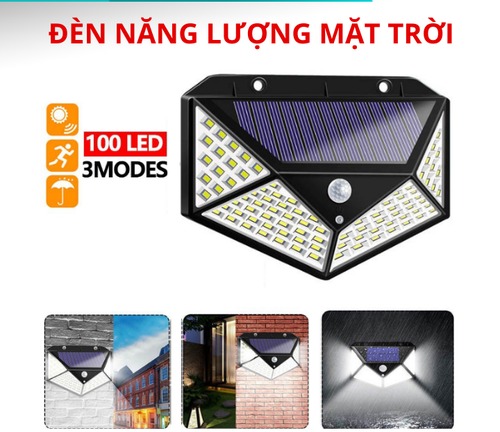 BỘ 2 Đèn năng lượng mặt trời Solar 100 LED siêu sáng, 3 chế độ sáng (Đen) đèn led, đèn cảm biến chuyển động, đèn chống trộm, đèn trang trí sân vườn, đèn ngoài trời