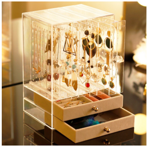 Hộp đựng khuyên tai trang sức 4 khay 2 ngăn kéo chất liệu khay là mica trong suốt đặc giả thủy tinh