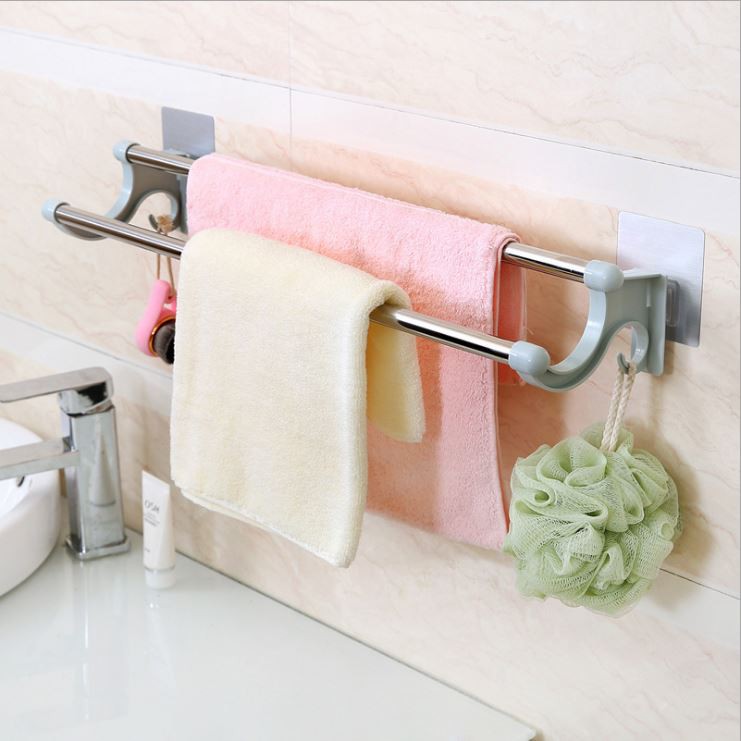 Thanh phơi khăn đôi nhà tắm - Thanh đôi dán tường treo khăn nhà tắm có móc -Kích thước 35 cm.