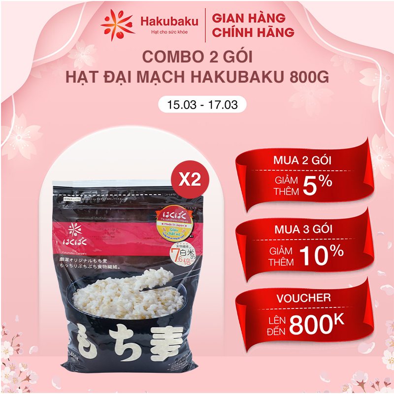 Combo 2 gói hạt Đại Mạch Hakubaku gói 800g , Chất xơ x4 , Lợi tiêu , Ngăn hấp thụ đường , Không cần ngâm chính hãng exp T10.2024