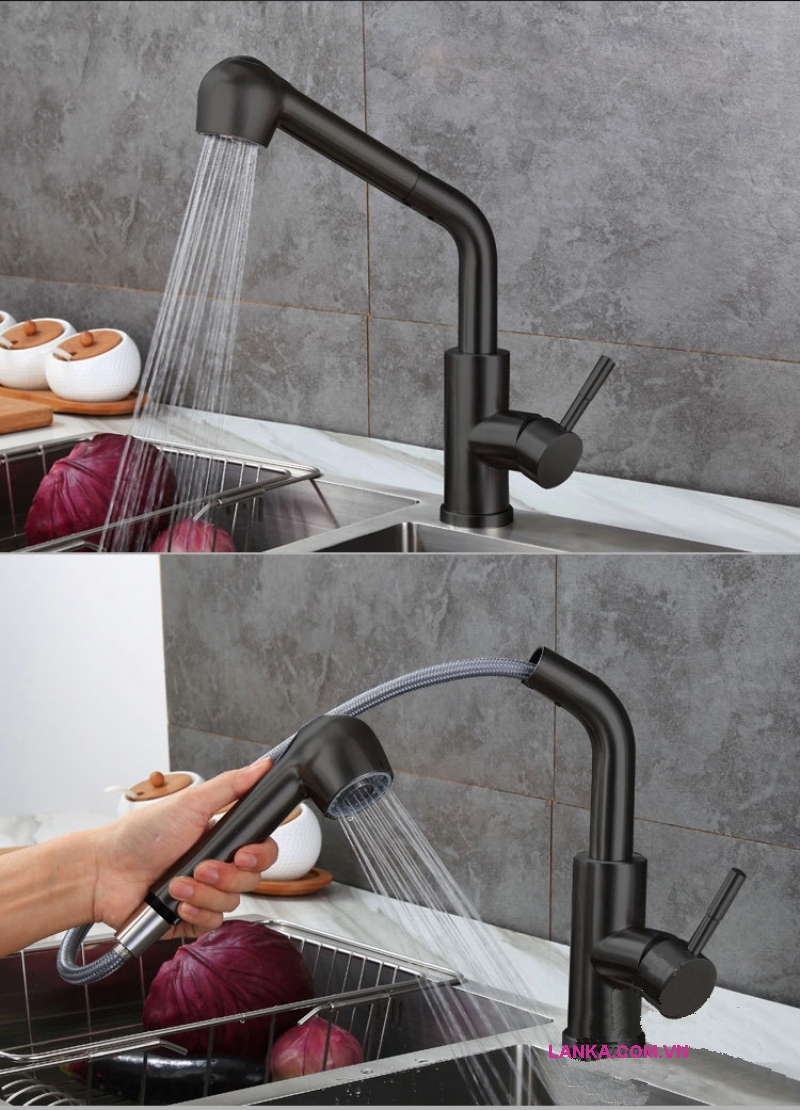 Vòi rửa chén đầu rút nl inox 304 mở lanka phủ nano đen