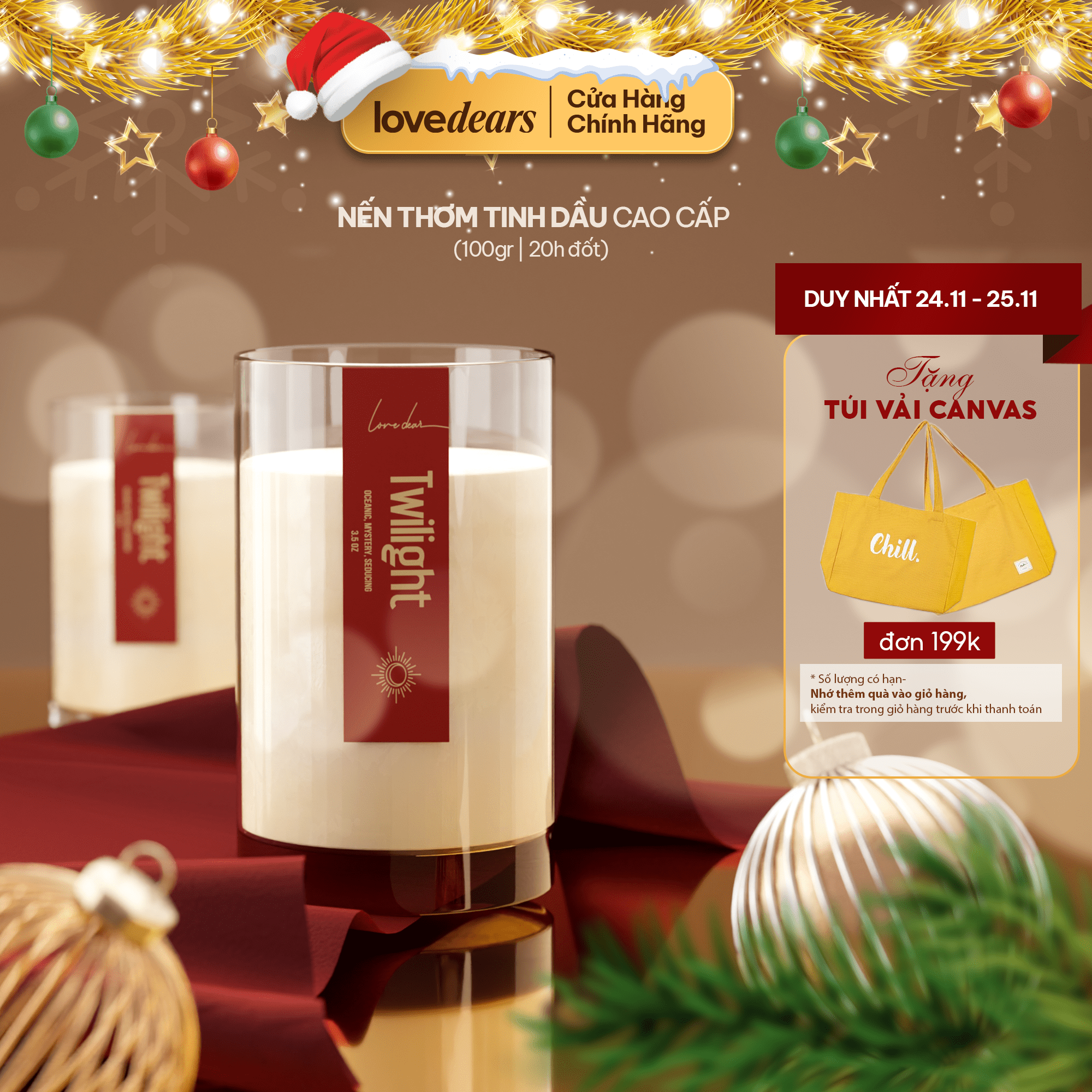 Nến thơm LoveDear cao cấp từ Tinh dầu Thiên nhiên và Sáp cọ - Trang trí Decor - Nhiều mùi 100G
