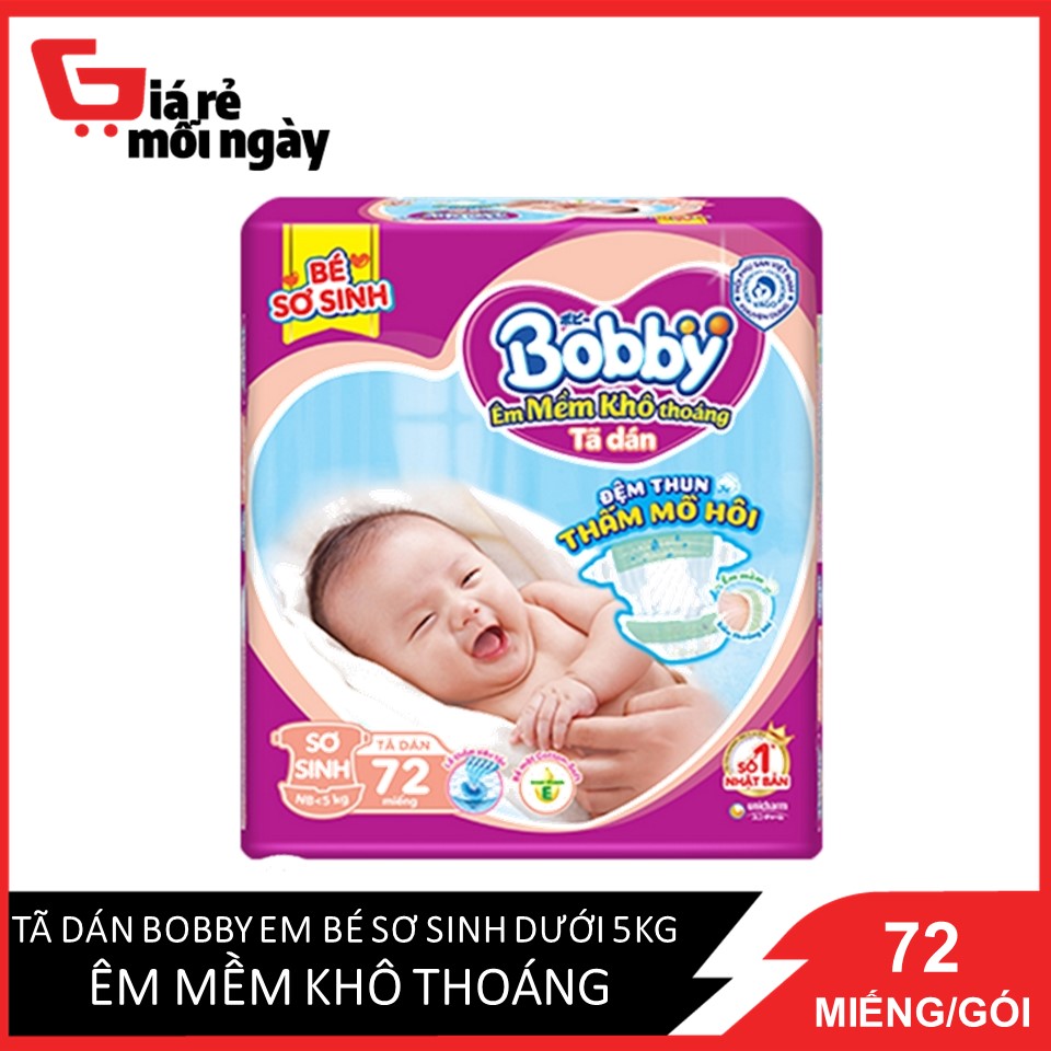 Tã Dán Bobby Em Bé Sơ Sinh Dưới 5kg Êm Mềm Khô Thoáng 72 Miếng