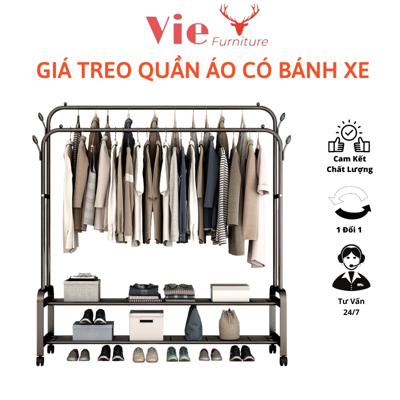 Giá Treo Quần Áo Sắt Thép Sơn Tĩnh Điện Có Bánh Xe - Kệ Treo Quần Áo, Để Giày Dép Lắp Ghép Đa Năng
