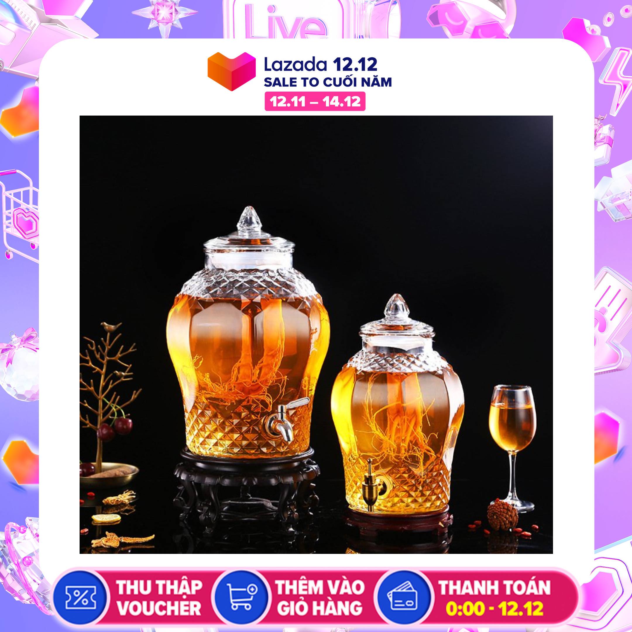 [HCM]Bình Ngâm Rượu Sâm Thủy Tinh 8833 10 Lít Có Van – Đường Kính Miệng 15cm – Nắp Thủy Tinh Có Gioăng Nhựa Bọc Kèm Chống Hở Khí – Sử Dụng Ngâm Sâm – Đông Trùng Hạ Thảo – Táo Mèo – Nấm Linh Chi