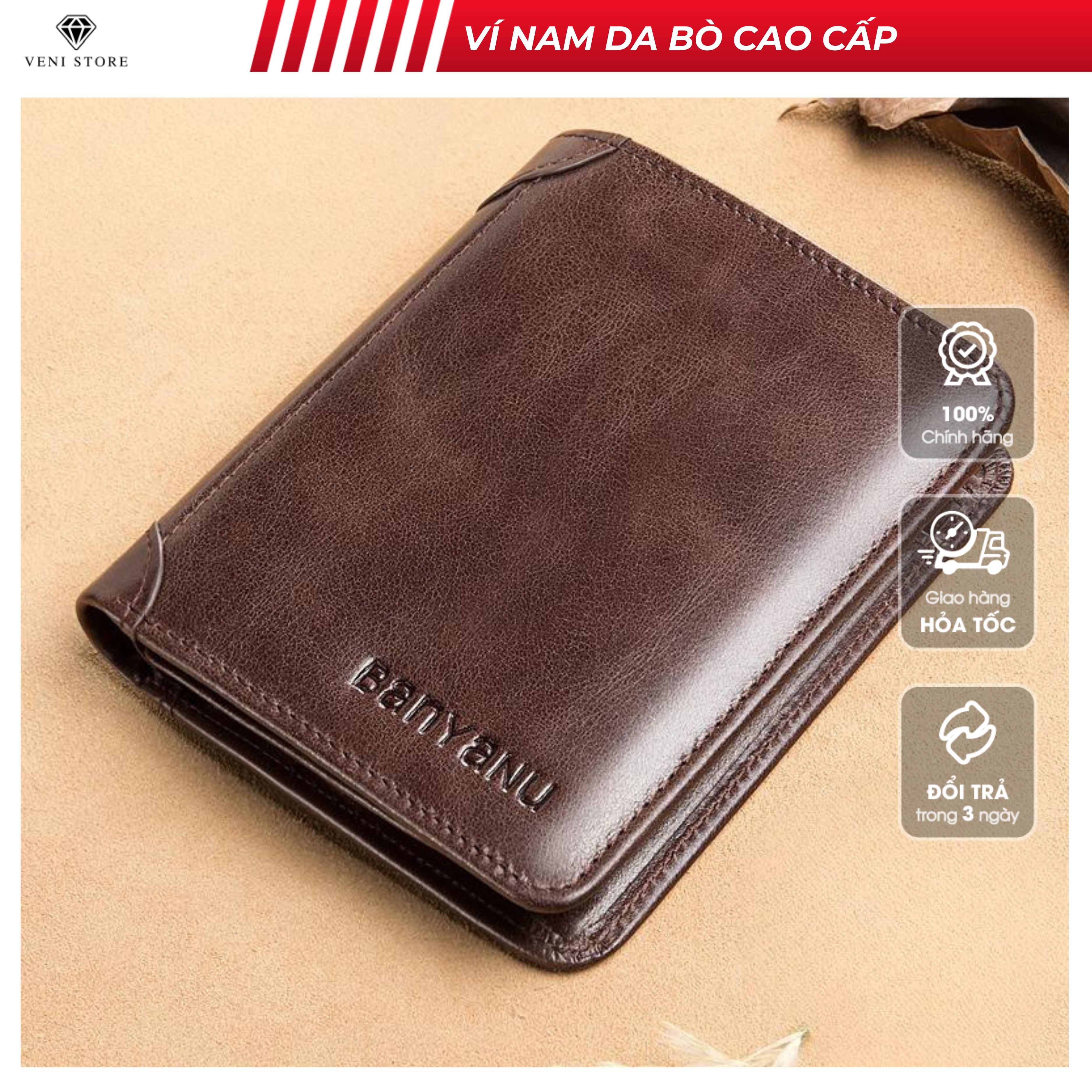 Ví nam nhỏ gọn da bò dáng đứng, bóp nam nhiều ngăn cao cấp - VNA23