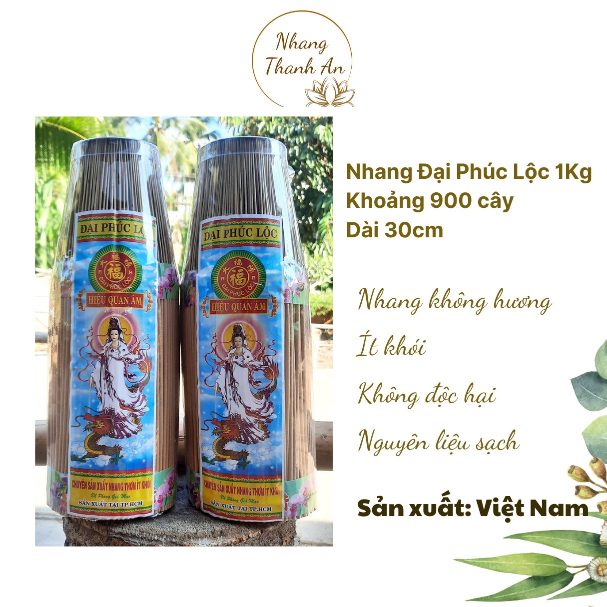 1KG 900 cây nhang không hương 3 tấc Đại Phúc Lộc nhang sạch ít khói Nhang Thanh An
