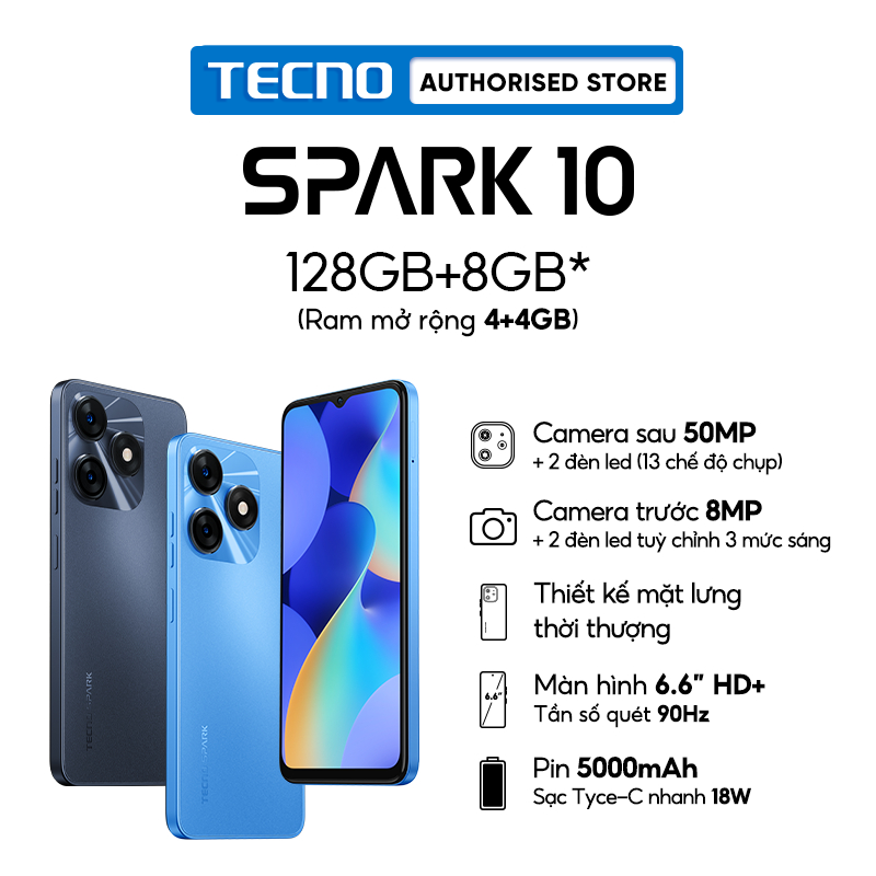 Điện thoại Tecno SPARK 10 4GB/128GB-Helio G37 | 5000 mAh | Sạc nhanh 18W | Cảm ứng vân tay