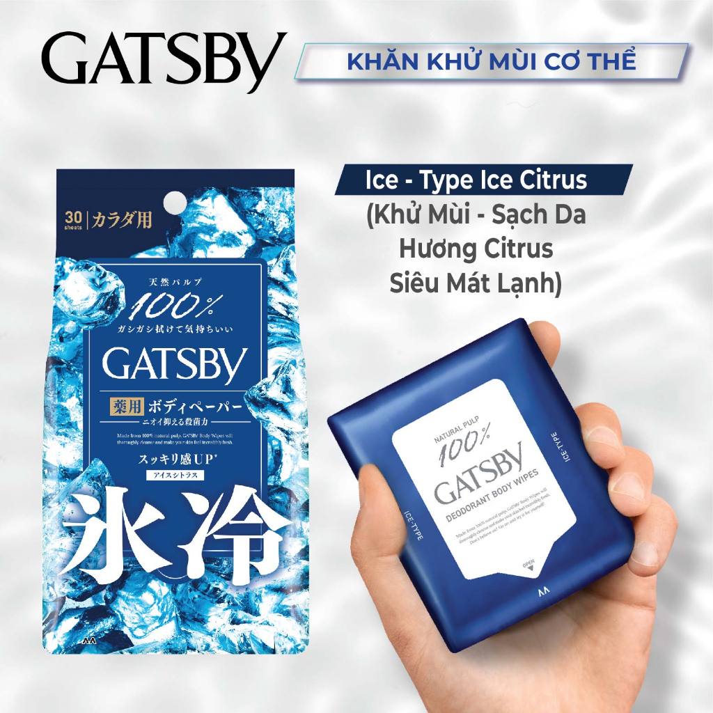 Khăn khử mùi cơ thể mát lạnh GATSBY Ice-Type Deodorant Body Wipes Ice Citrus U 30 tờ/gói