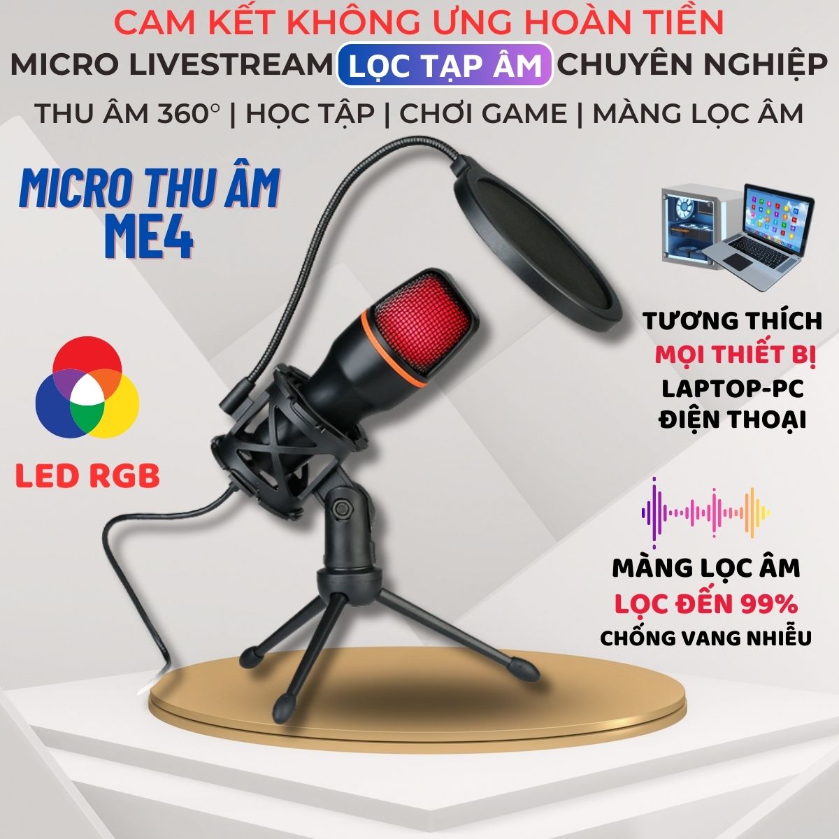 Micro Thu Âm Livestream Để Bàn ShouFei ME4 Có Màng Lọc Âm, LED RGB, Thu Âm 360° Âm Thanh Hifi Cho PC