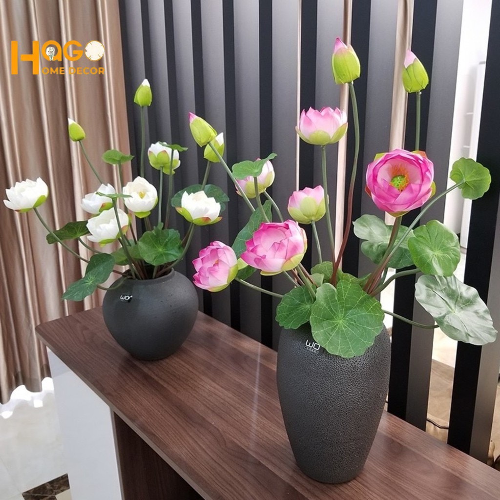 Hoa lụa, cành hoa sen 2 bông 1 nụ kèm lá cao cấp tuyệt đẹp trang trí phòng khách