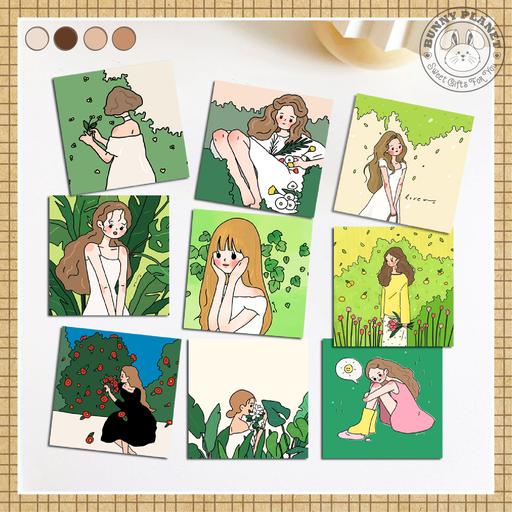 Set 9 Postcard Decor Cô gái dễ thương trang trí tường, bàn học - Tone màu xanh lá