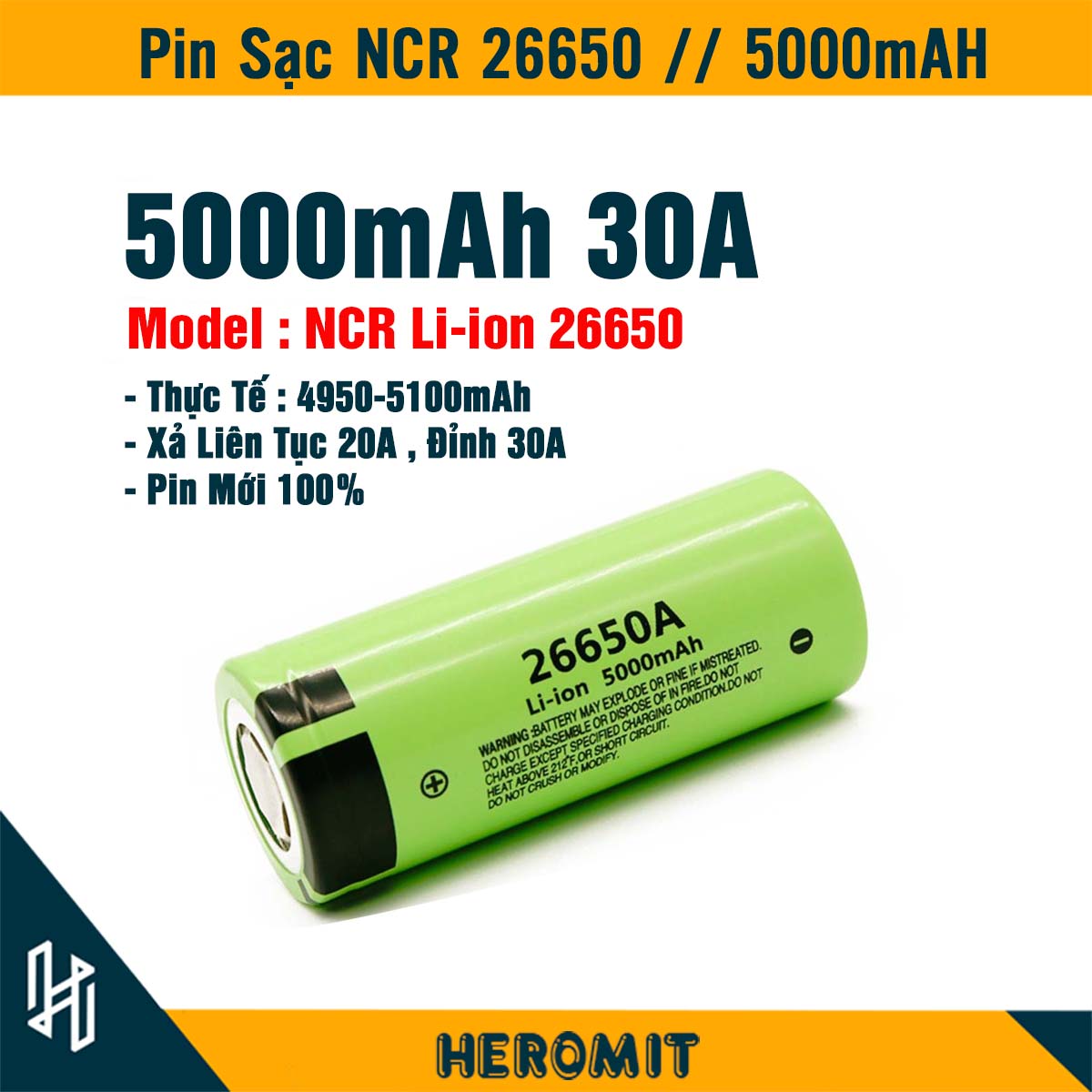 Pin cell 26650 li-ion 5000mah xả cao 30a
