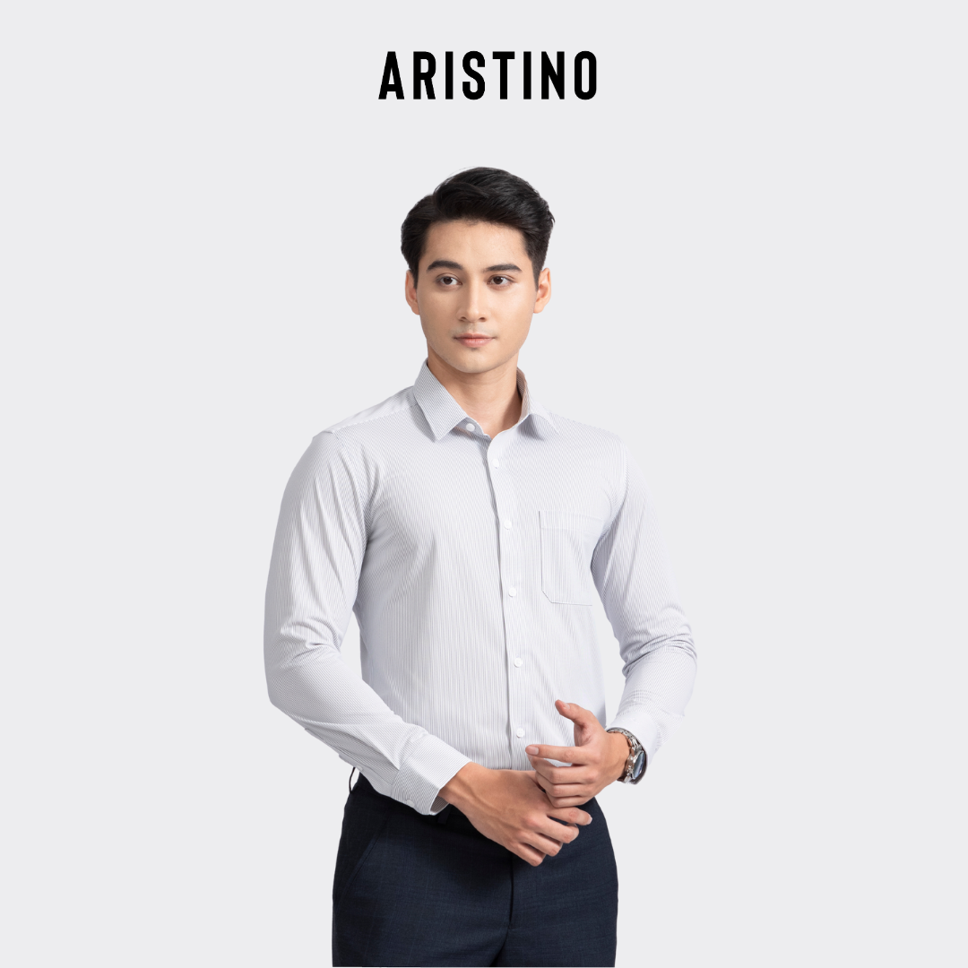 Áo sơ mi nam dài tay Aristino for Boss phom suông vừa, họa tiết trắng kẻ sọc xanh thời thượng - 1LS11602