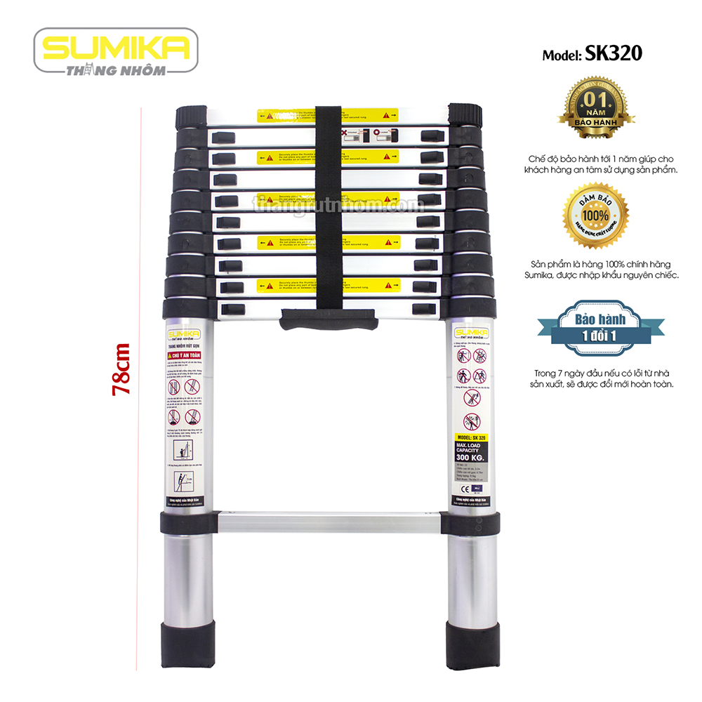 Thang nhôm rút Sumika SK320 - chiều cao 3.2m rút gọn 0.78m tải trọng 300kg, Thang rút nhôm giá rẻ