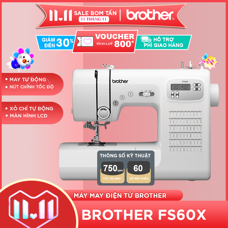 Máy may điện tử cao cấp nhật bản brother fs60x model mới 2020 xỏ chỉ tự động màn hình hiển thị lcd may được vải thun và jean
