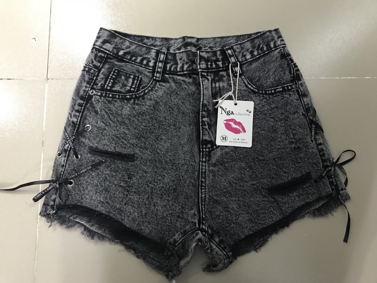 Quần short jean nữ kiểu đan dây rách nhẹ hợp thời trang