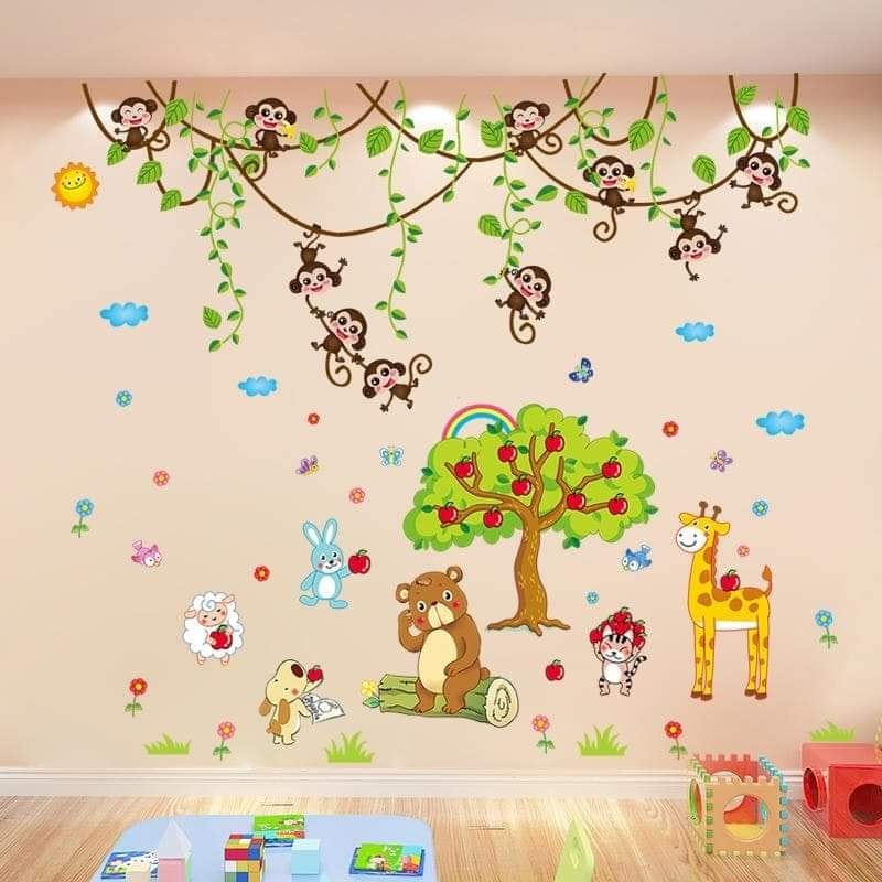 Decal dán tường giàn khỉ và vườn thú cây táo