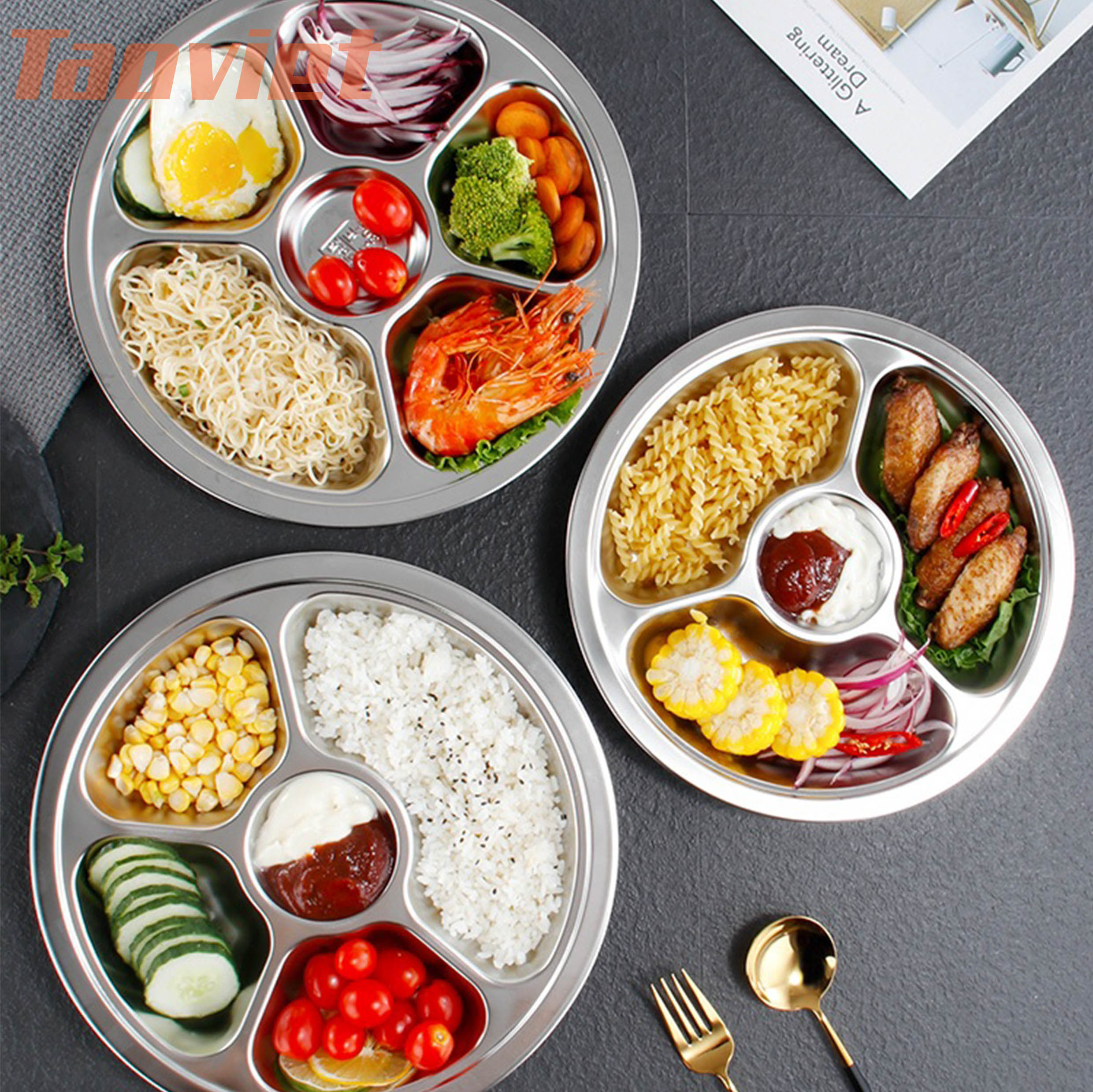 [HCM]Khay Cơm Phần Inox 201 Hình Tròn KHÔNG NẮP  Cao Cấp Khay cơm nhiều ngăn cho trẻ em học sinh công nhân viên  - Taoviet