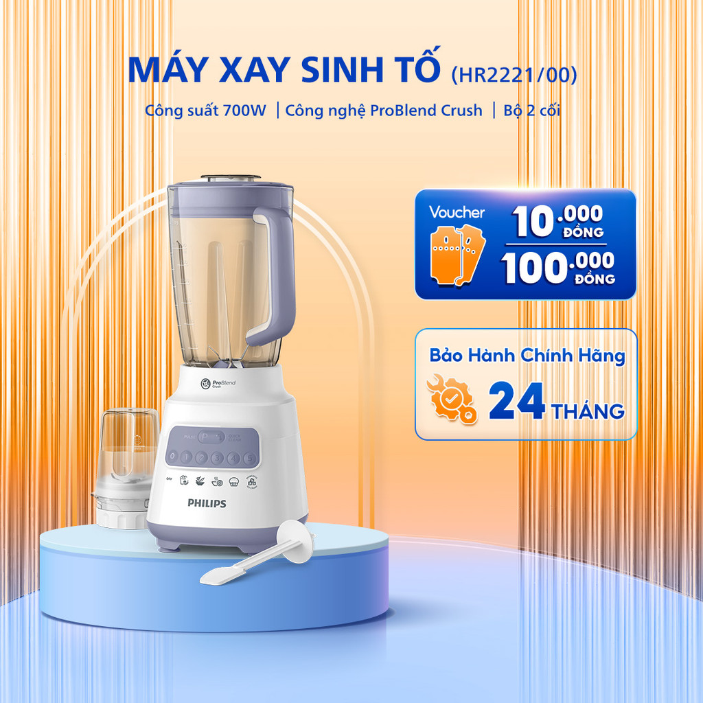 Máy Xay Sinh Tố PHILIPS HR2221/00, Công Suất 700W, Cối Nhựa, Bảo Hành Chính Hãng 24 Tháng