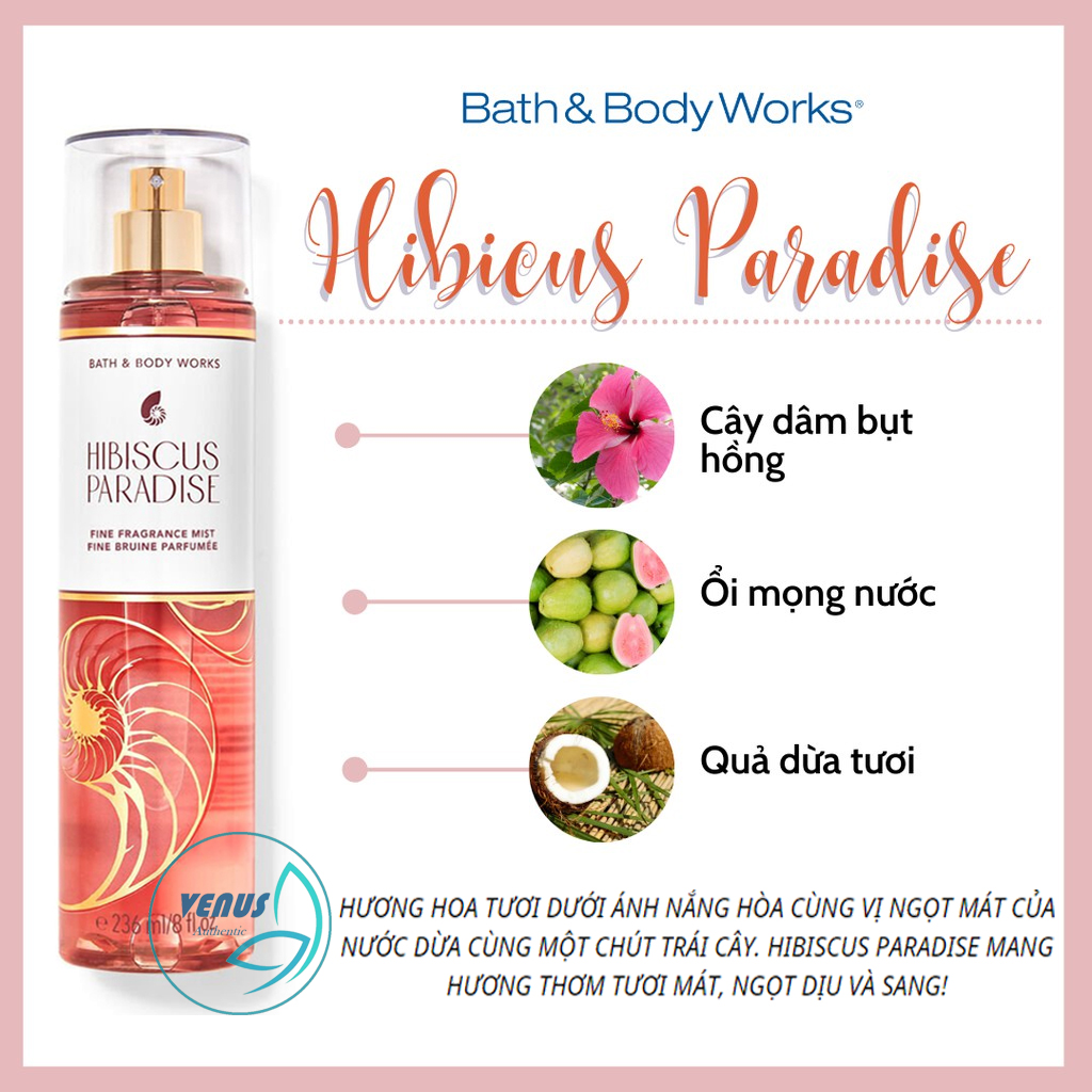 Xịt thơm BBW Hibiscus Paradise hương hoa & citrus 236ml - Bodymist & Showergel - Hàng chính hãng Bill Mĩ