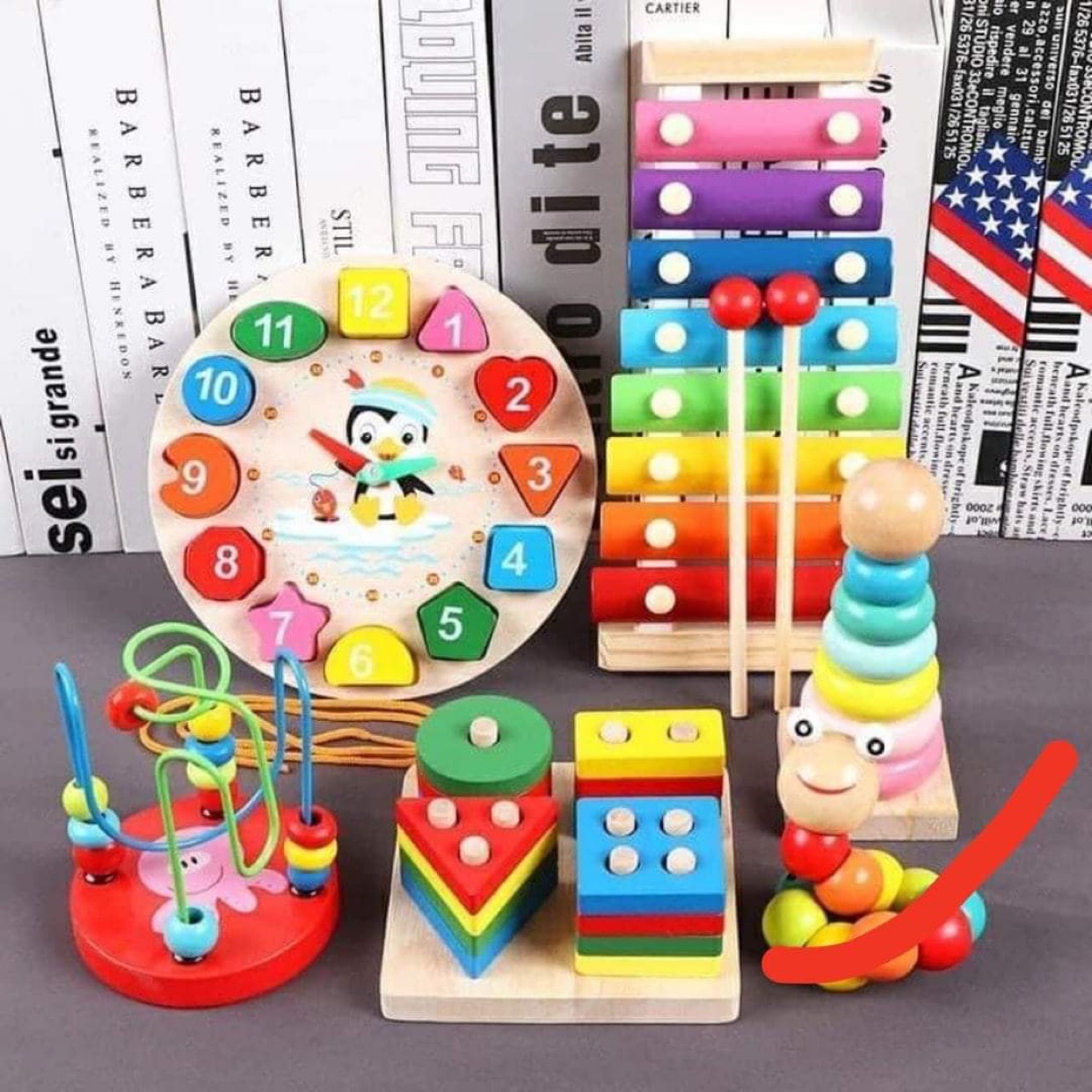 Combo 6 món đồ chơi gỗ an toàn cho bé- phát triển trí tuệ: đàn gỗ, sâu gỗ, đồng hồ, luồn hạt, tháp xếp chồng, chuối thả hình khối