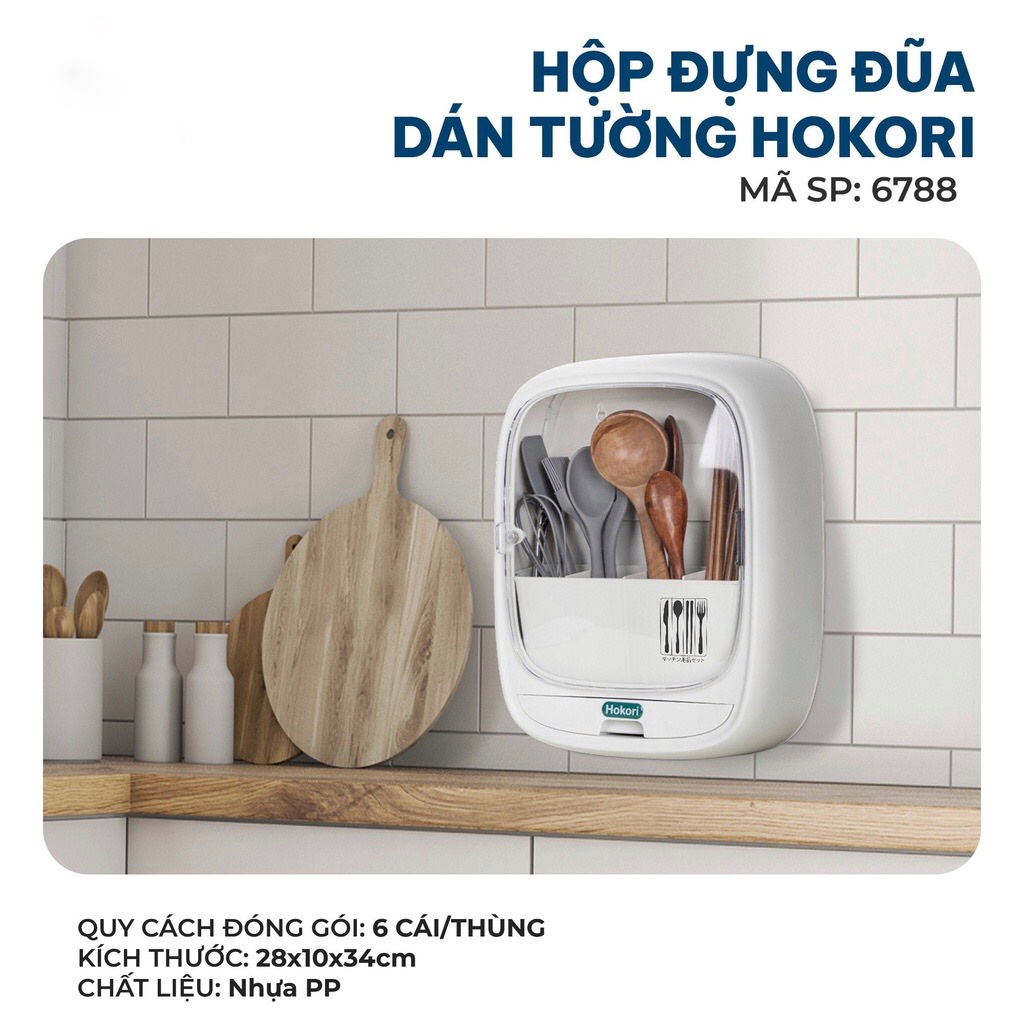 Hộp đựng đũa muống dán tường Hokori, kệ để đũa thìa treo tường có nắp kính trong suốt