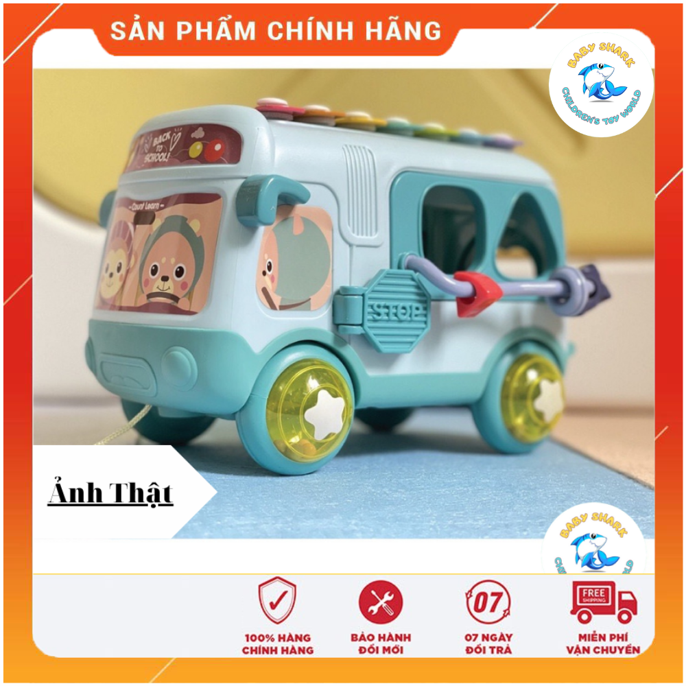Đồ chơi cho bé ô tô đa năng 5 trong 1 cho bé gồm xe bus kéo kết hợp đàn gõ piano, xếp hình khối, luồn hạt, xúc xắc