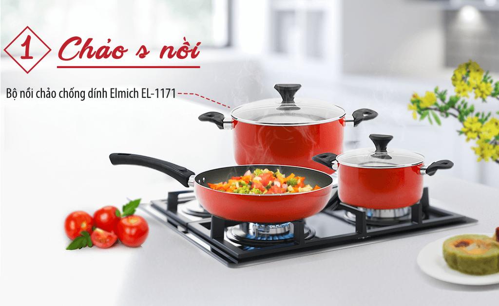 Bộ nồi chảo chống dính cao cấp elmich el-1171 chống dính, dùng cho bếp từ