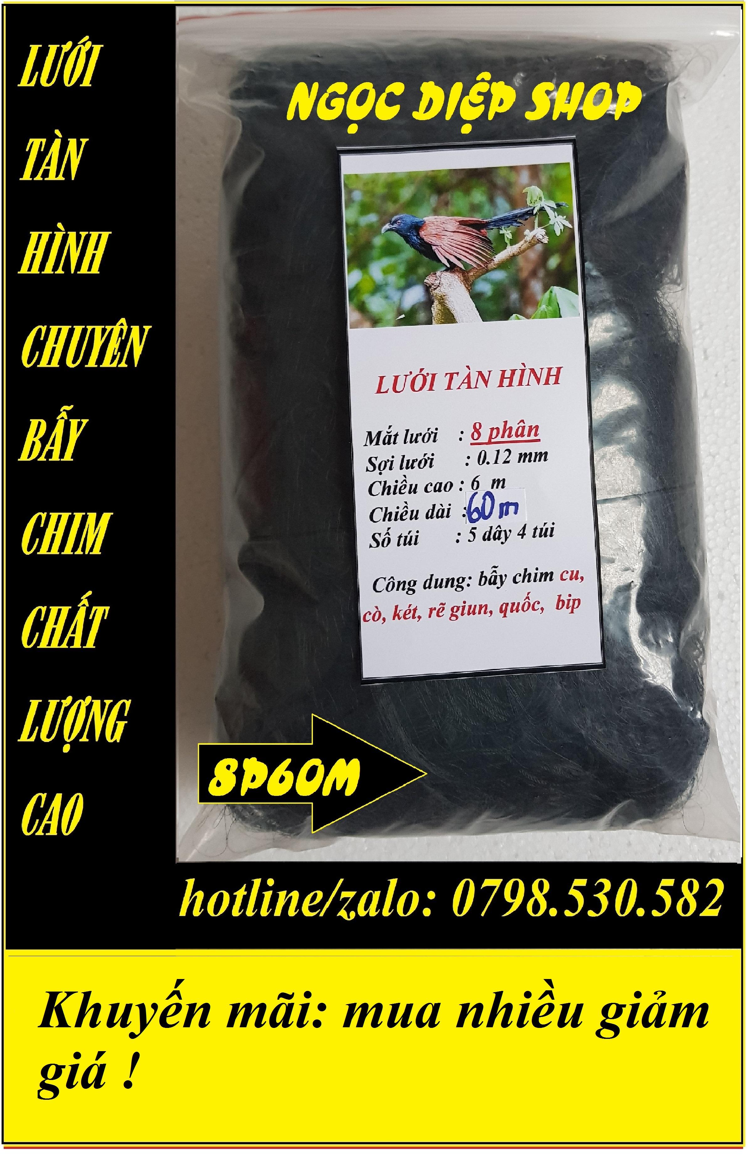 Lưới tàn hình 8 phân 60m bay chim cu, cò, két, rẽ giun, quốc, bip