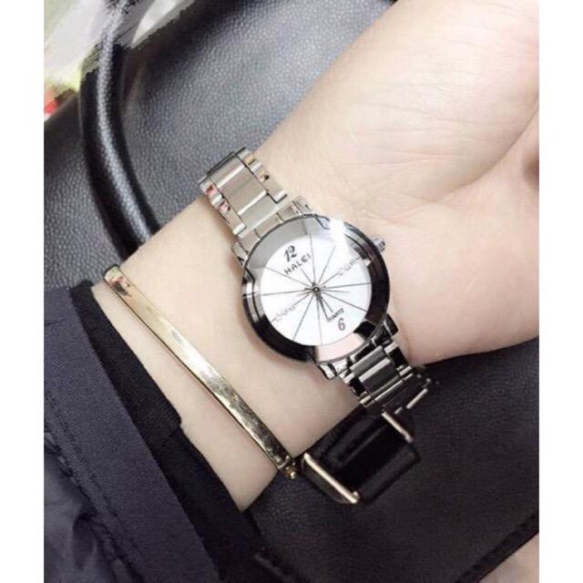 đồng hồ nữ halei dây bạc mặt trắng đính đá đẹp lung linh