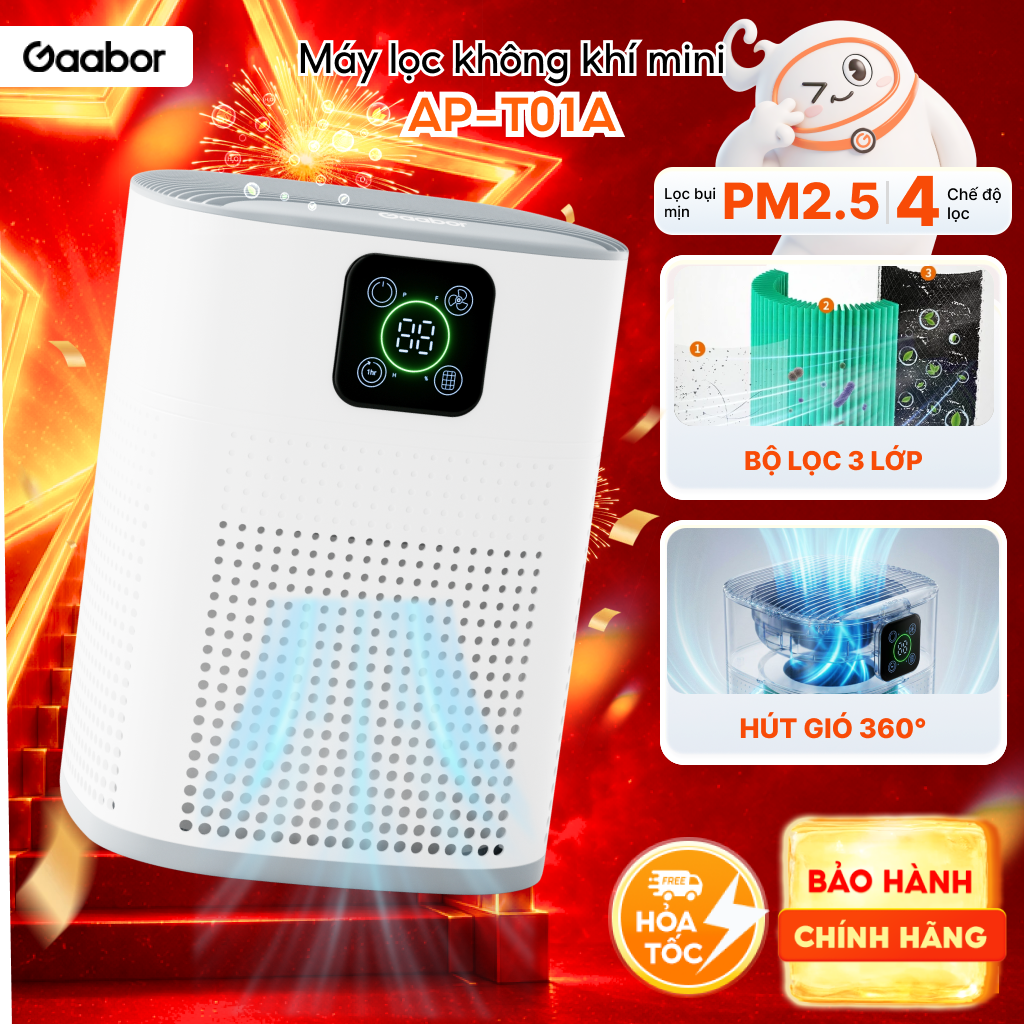 Máy lọc không khí để bàn mini Gaabor AP-T01A lọc bụi mịn PM2.5 hẹn giờ đến 9H diện tích dưới 20m2 - Bảo hành 12 tháng 1 đổi 1