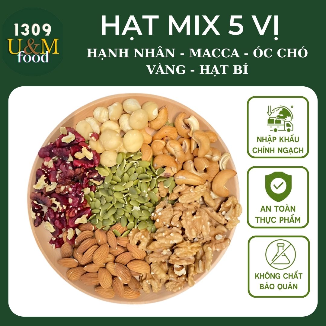 Hạt dinh dưỡng ăn kiêng mix 5 loại hạt cao cấp: nhân macca, hạt điều, hạnh nhân, hạt bí, óc chó đỏ, hạt to đều thơm ngon, giàu dinh dưỡng tốt cho sức khoẻ, hạt dinh dưỡng ăn vặt healthy - 1309 U&M Food