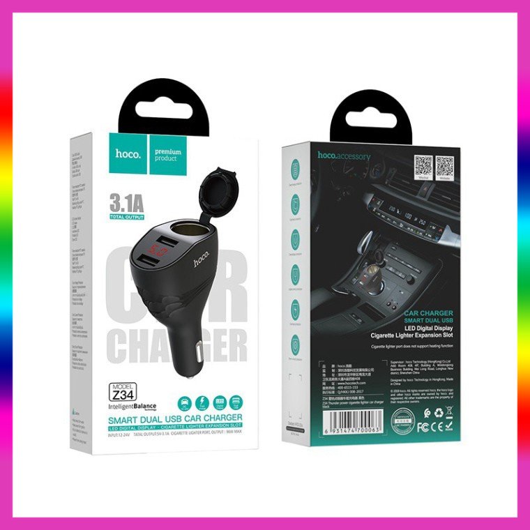 Cóc sạc tẩu sạc ô tô 2 cổng Z34 chính hãng