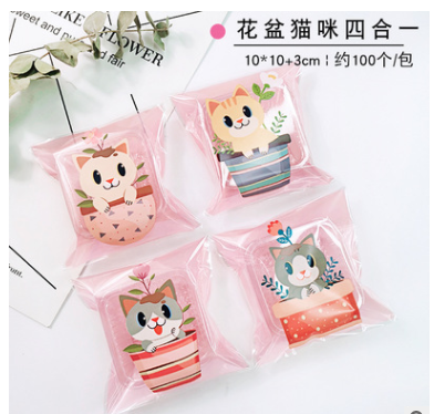 [HCM]Set 50 túi kiếng dán đựng bánh cookie quà tặng mèo con và chậu cây 10 x 10 cm